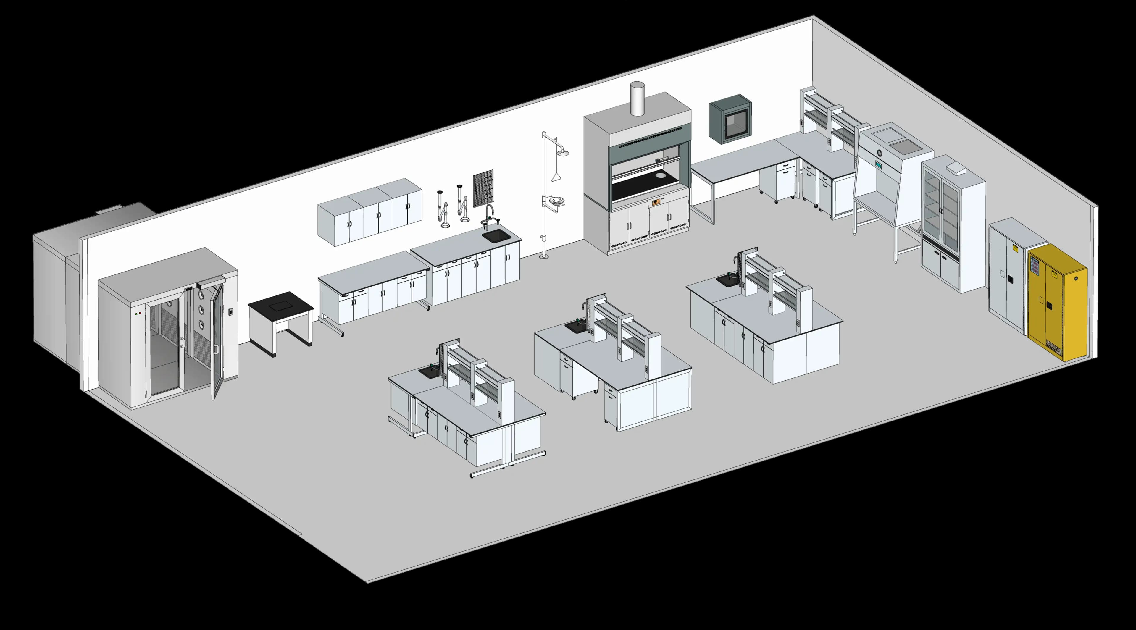 Gambar Isometrik Layout Laboratorium Lengkap Haian Lab - Meja Lab Wall Bench Island Bench, Lemari Asam Fume Hood, Laminar Air Flow BSC, Safety Storage Cabinet, Pass Box, dan Air Shower Chamber